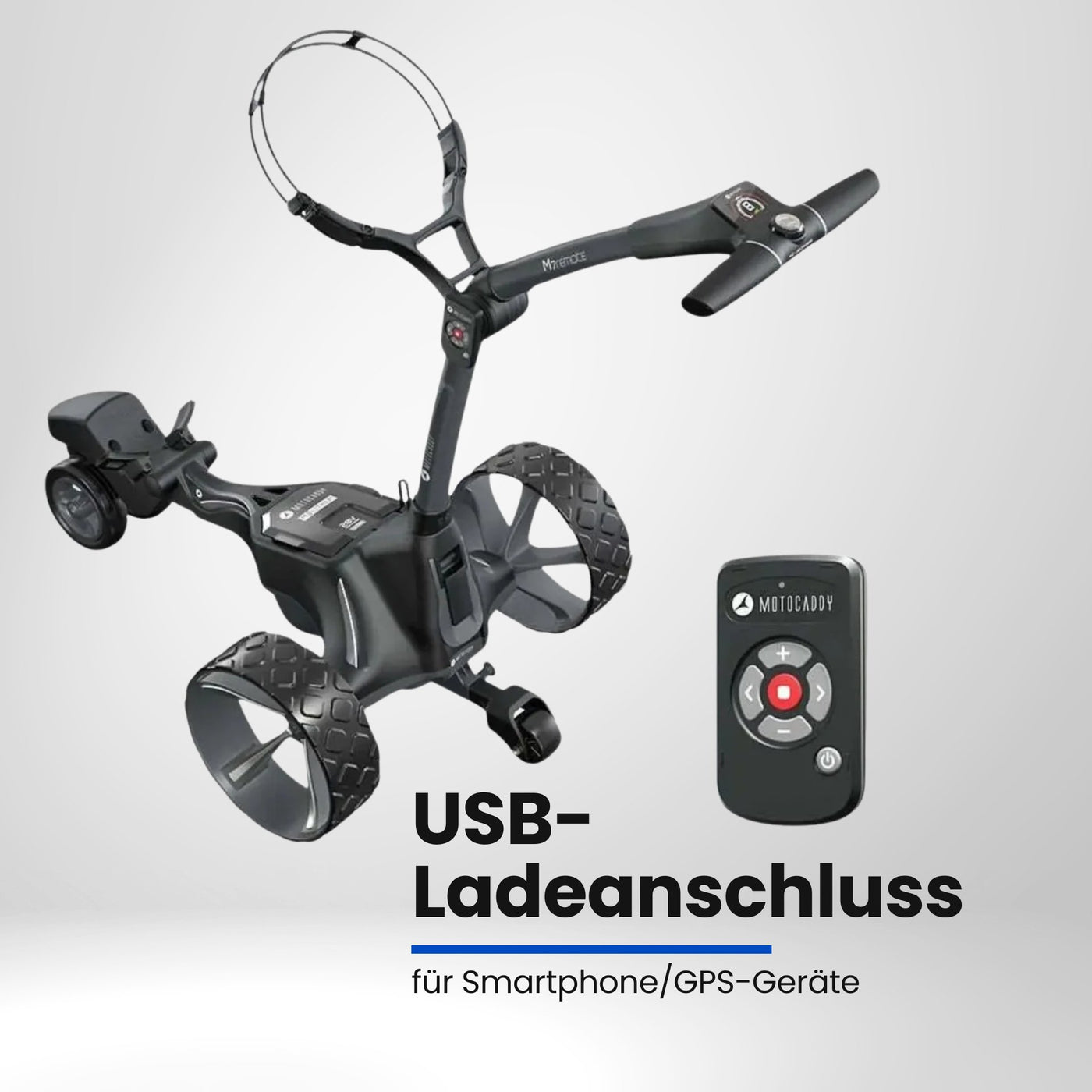 Elektrischer Golf Trolley mit Fernbedienung, schwarze Farbgebung, drei Räder, Auszeichnungssiegel