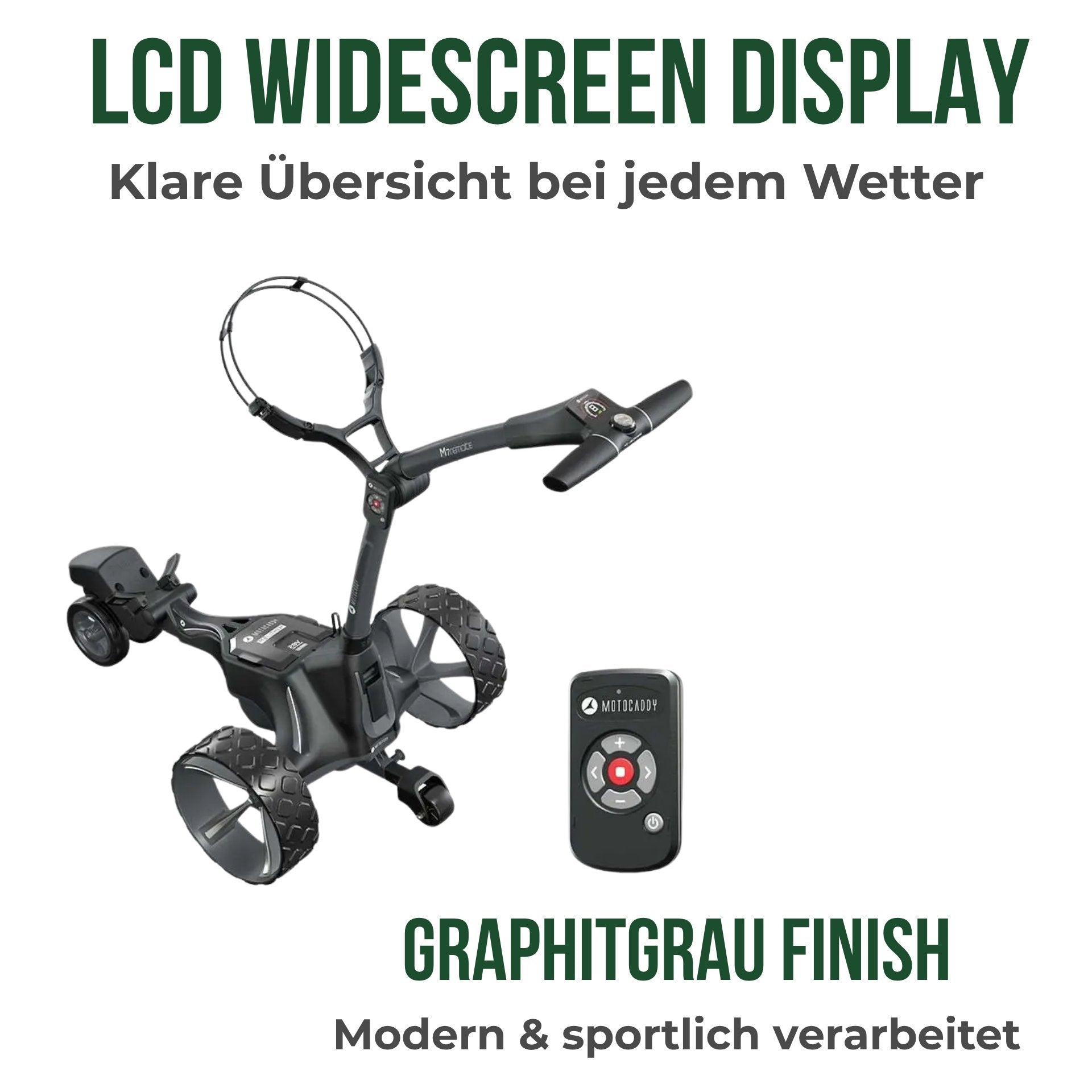 Elektrischer Golf Trolley mit Fernbedienung, schwarze Farbgebung, drei Räder, Auszeichnungssiegel