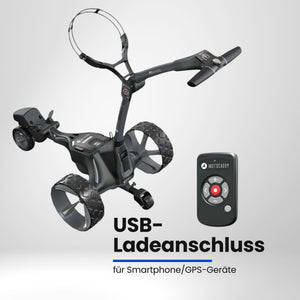 Elektrischer Golf Trolley mit Fernbedienung, schwarze Farbgebung, drei Räder, Auszeichnungssiegel