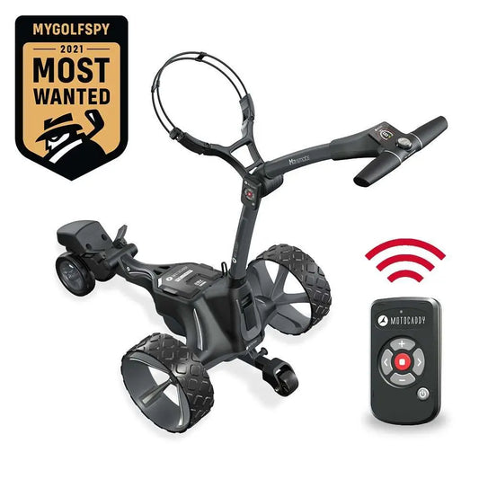 Elektrischer Golf Trolley mit Fernbedienung, schwarze Farbgebung, drei Räder, Auszeichnungssiegel