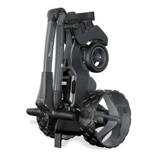 Gefalteter schwarzer Golf E-Trolley mit großen Profilrädern, kompakt designt