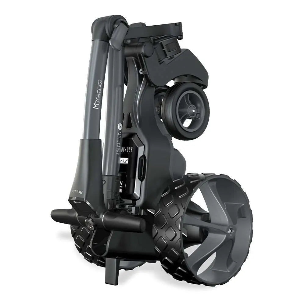 Gefalteter schwarzer Golf E-Trolley mit großen Profilrädern, kompakt designt
