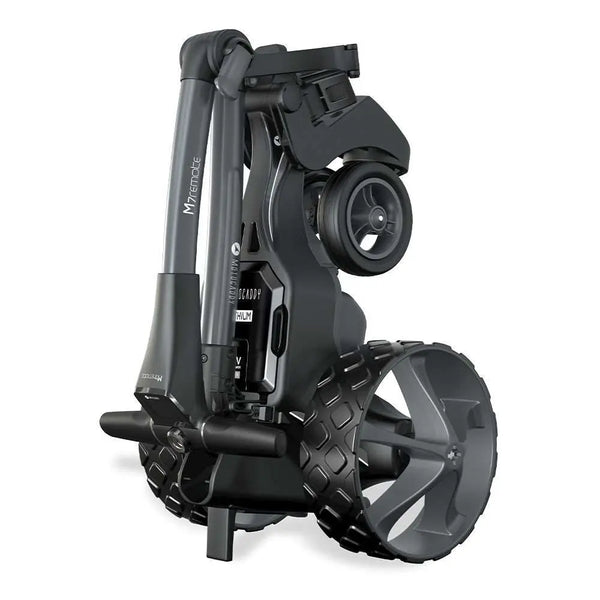 Gefalteter schwarzer Golf E-Trolley mit großen Profilrädern, kompakt designt