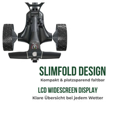 Schwarzer E-Trolley für Golf mit breiten Profilreifen und Bedienpanel, Draufsicht