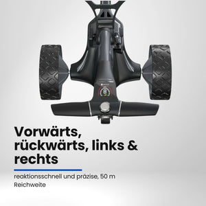 Schwarzer E-Trolley für Golf mit breiten Profilreifen und Bedienpanel, Draufsicht