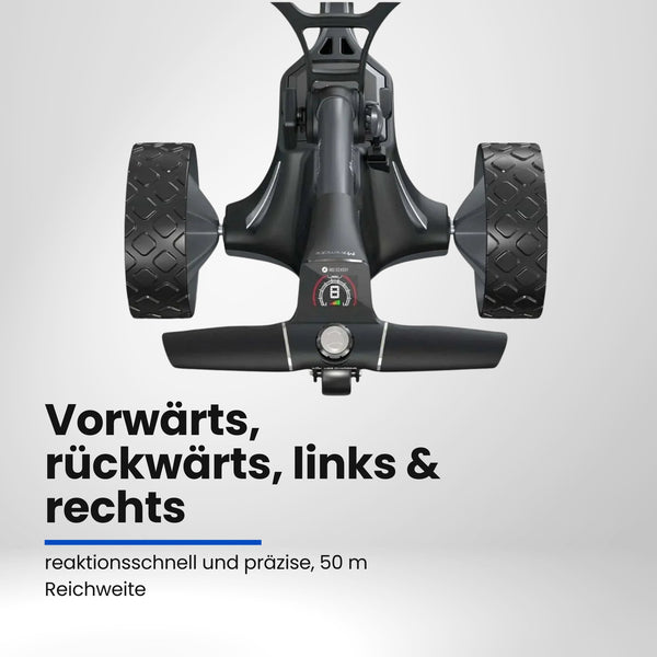 Schwarzer E-Trolley für Golf mit breiten Profilreifen und Bedienpanel, Draufsicht