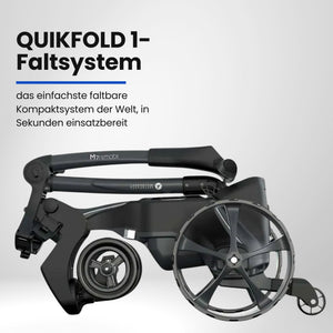 Zusammengeklappter schwarzer Golf E-Trolley mit großen Rädern, kompakt für einfachen Transport