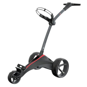 Motocaddy S1 Elektro Golf Trolley – Frontansicht schwarzes Design auf weißem Hintergrund