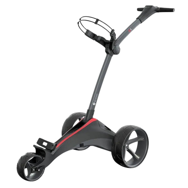 Motocaddy S1 Elektro Golf Trolley – Frontansicht schwarzes Design auf weißem Hintergrund