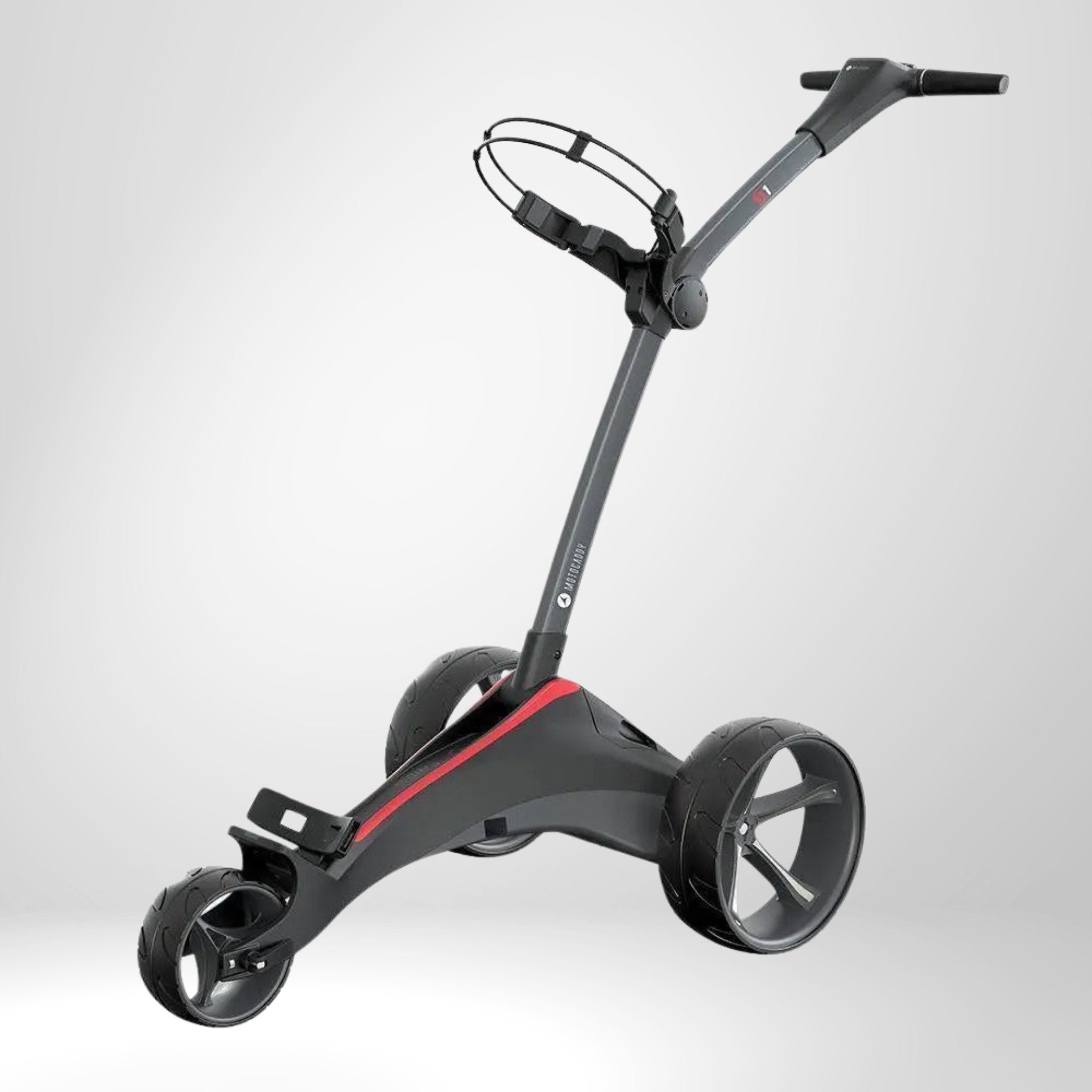 Moderner Motocaddy S1 E-Trolley in Schwarz – Übersicht mit Features freigestellt