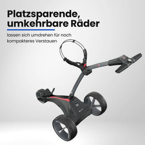 Motocaddy S1 E-Trolley – Seitenansicht elektrischer Golf Trolley mit großen Rädern