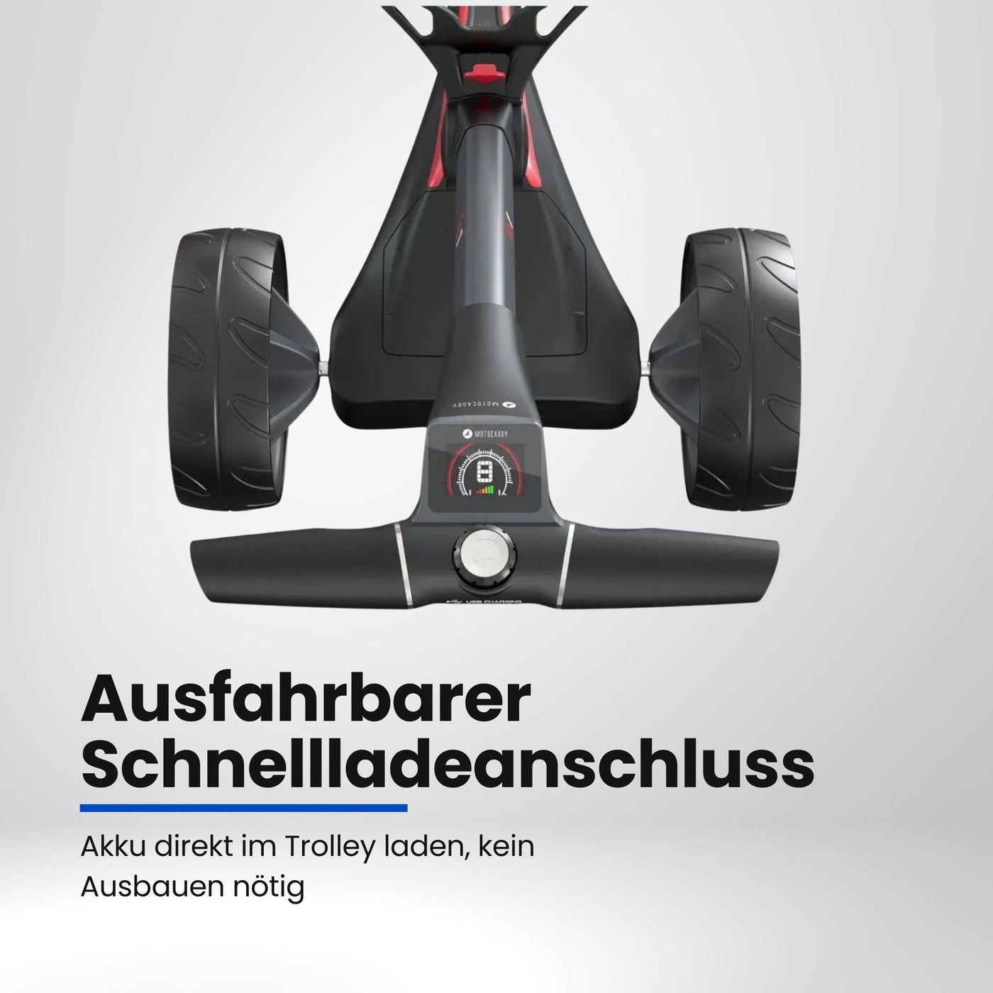 Motocaddy S1 – Draufsicht E-Trolley Bedienpanel mit USB-Ladeport