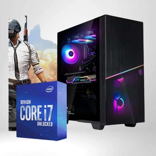 Gaming-PC mit bunter Beleuchtung, Intel Core i7 Prozessor und Computerspielfigur