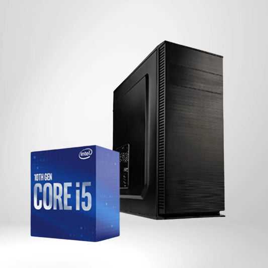 Schwarzer Desktop-PC mit Intel Core i5 10th Gen Prozessor Verpackung vor weißem Hintergrund