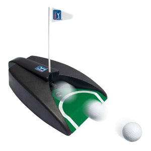 Golf Putting-Matte mit automatischer Rückgabe, grün-schwarz mit Golfball und Mini-Flagge