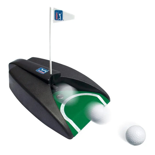 Golf Putting-Matte mit automatischer Rückgabe, grün-schwarz mit Golfball und Mini-Flagge