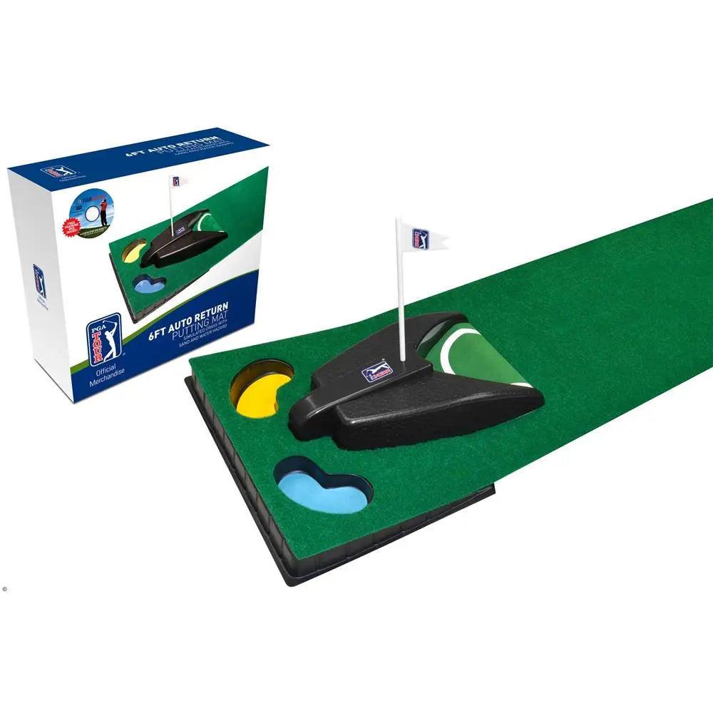 Grüne Golf Putting Matte mit automatischer Rücklauf-Funktion und PGA TOUR Logo, Indoor Trainingshilfe