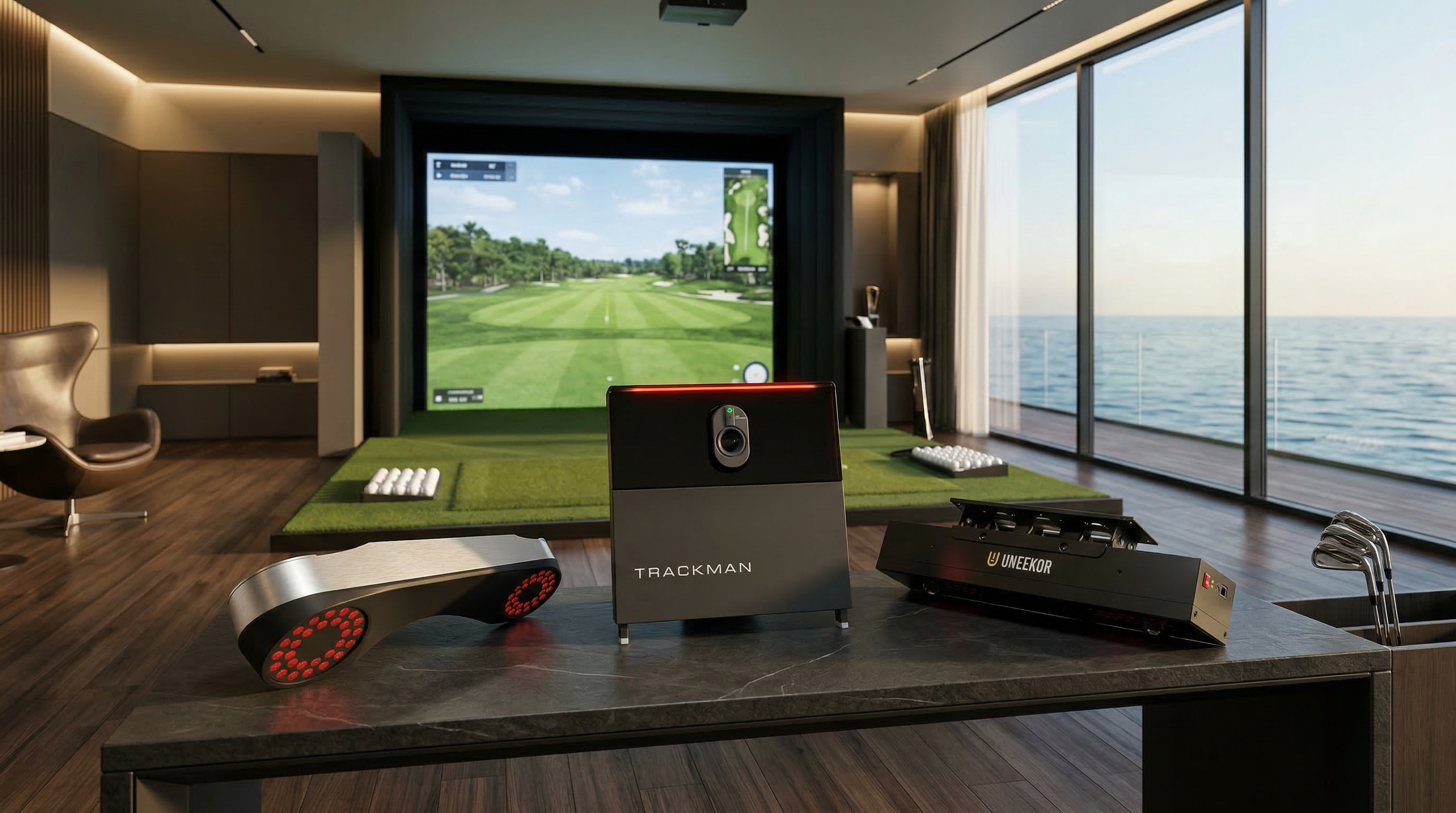 Luxuriöser Golf Simulator Raum mit moderner Ausstattung, Blick aufs Meer, Golfschläger und Golfbälle