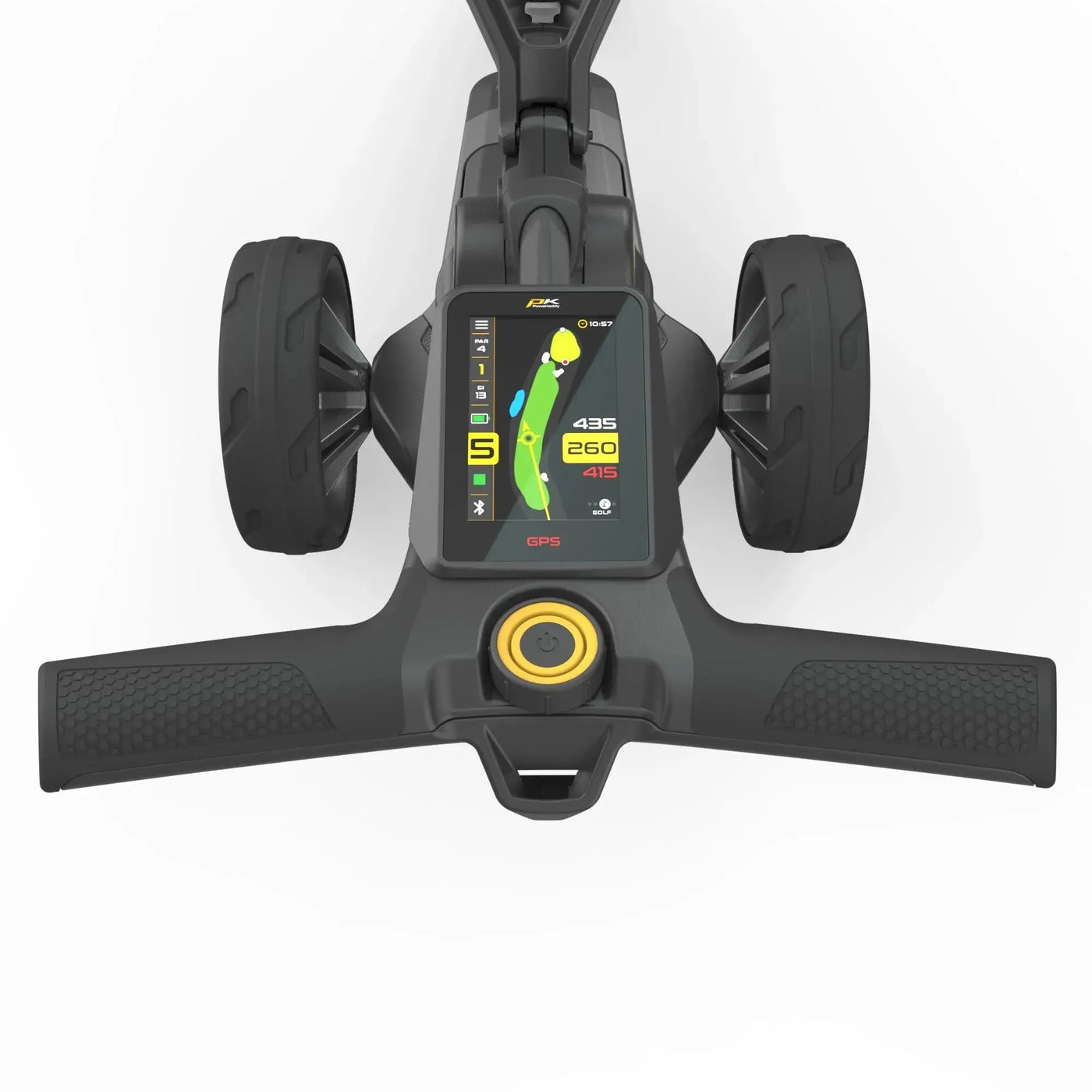 Golf E-Trolley mit GPS-Display, breiten Rädern und anthrazitfarbenem Griff, Vogelperspektive