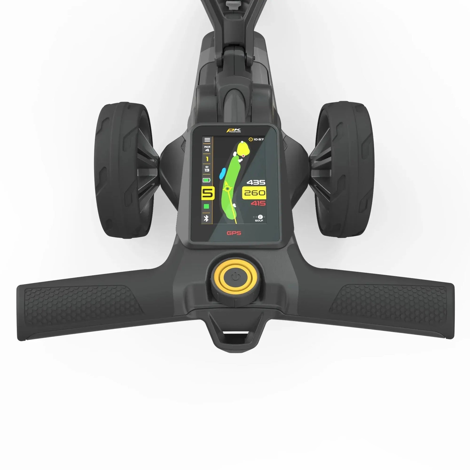 Golf E-Trolley mit GPS-Display, breiten Rädern und anthrazitfarbenem Griff, Vogelperspektive
