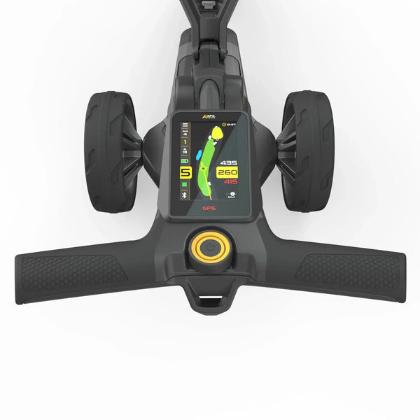 Golf E-Trolley mit GPS-Display, breiten Rädern und anthrazitfarbenem Griff, Vogelperspektive