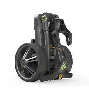 Zusammenklappbarer E-Trolley für Golf, schwarz mit großen Rädern, modernes Design