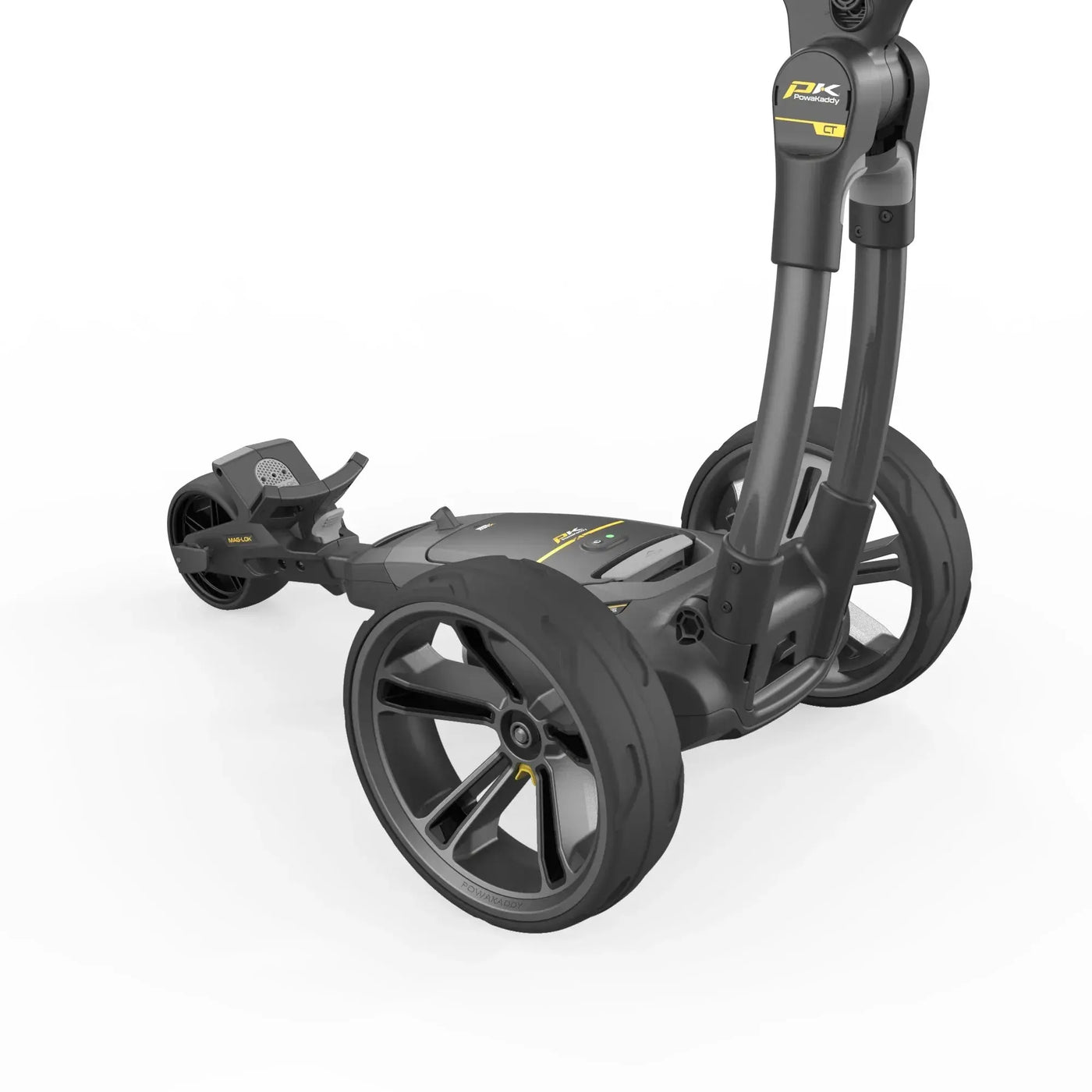 Elektrischer Golf Trolley in Gunmetal Grau mit großen Rädern auf weißem Hintergrund