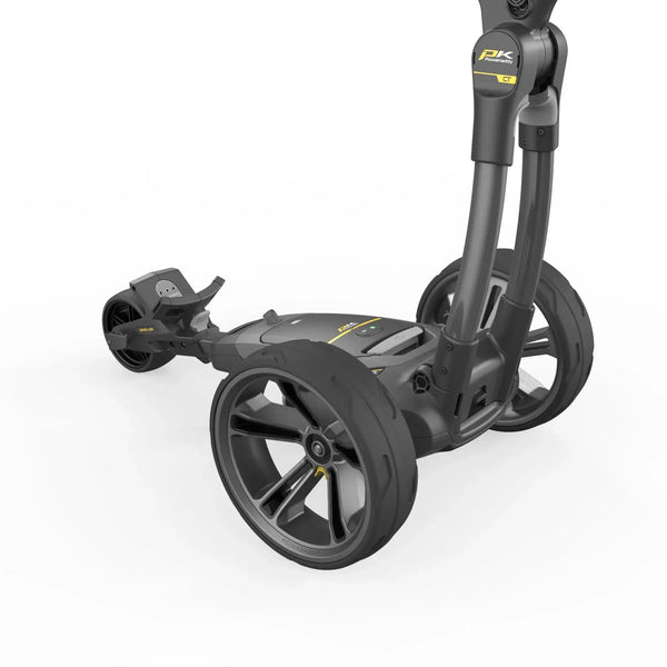 Elektrischer Golf Trolley in Gunmetal Grau mit großen Rädern auf weißem Hintergrund