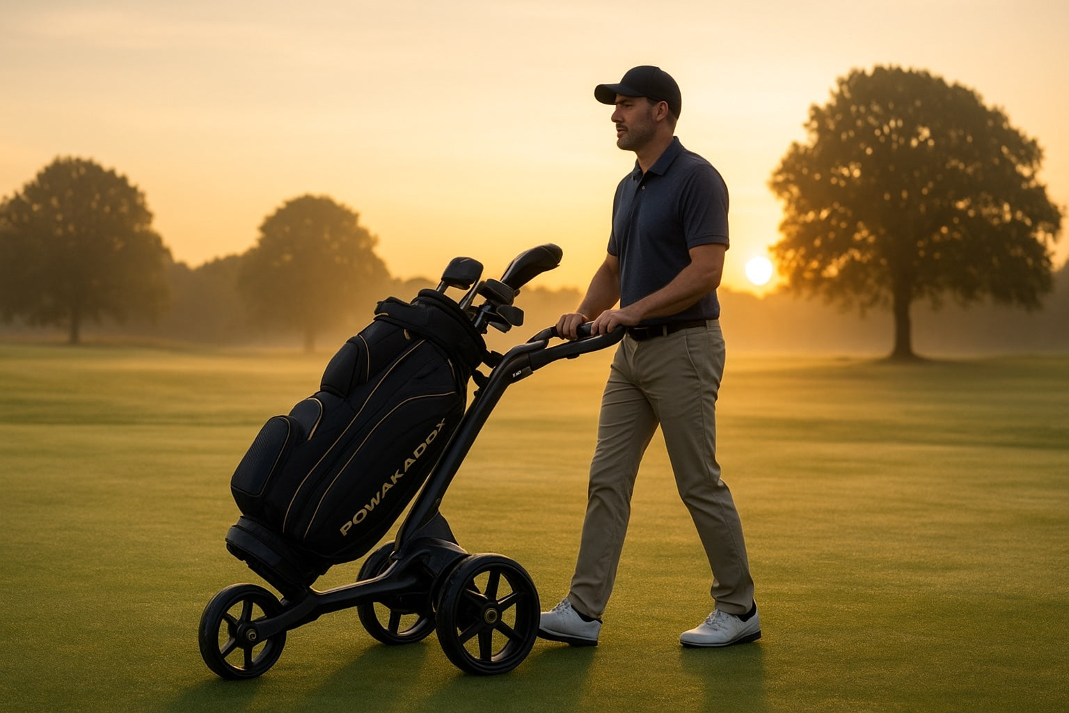 Golfer schiebt E-Trolley mit Golftasche bei Sonnenaufgang auf dem Golfplatz