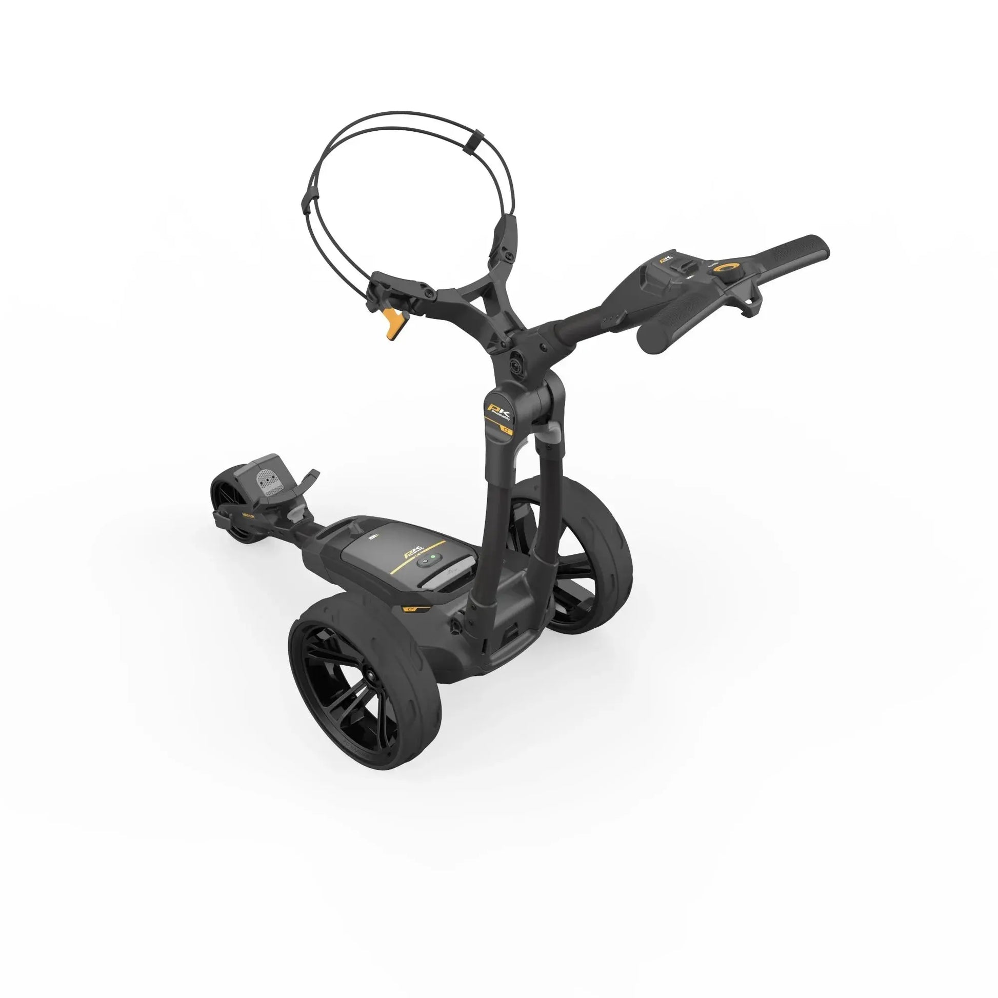 Elektrischer Golf Trolley in Schwarz mit drei Rädern und modernem Design auf weißem Hintergrund