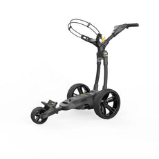 Schwarzer, moderner Golf Trolley mit drei Rädern auf weißem Hintergrund