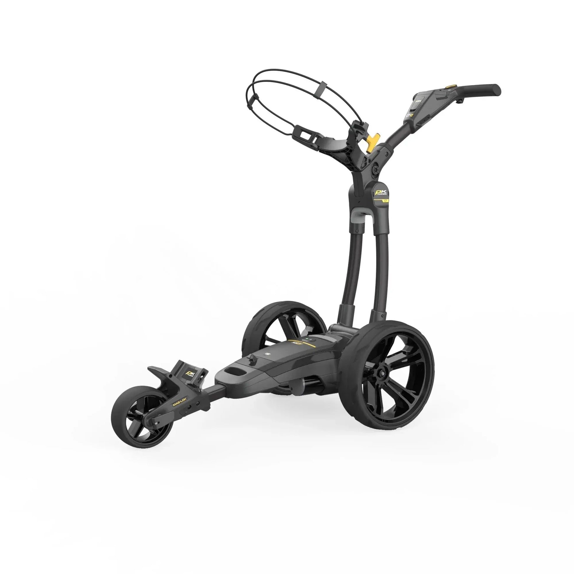 Schwarzer, moderner Golf Trolley mit drei Rädern auf weißem Hintergrund