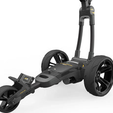 Schwarzer elektrischer Golf Trolley mit großen Rädern auf weißem Hintergrund