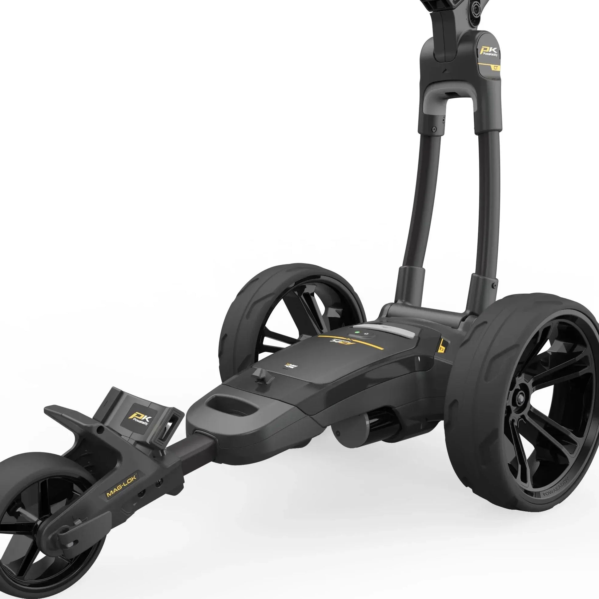 Schwarzer elektrischer Golf Trolley mit großen Rädern auf weißem Hintergrund