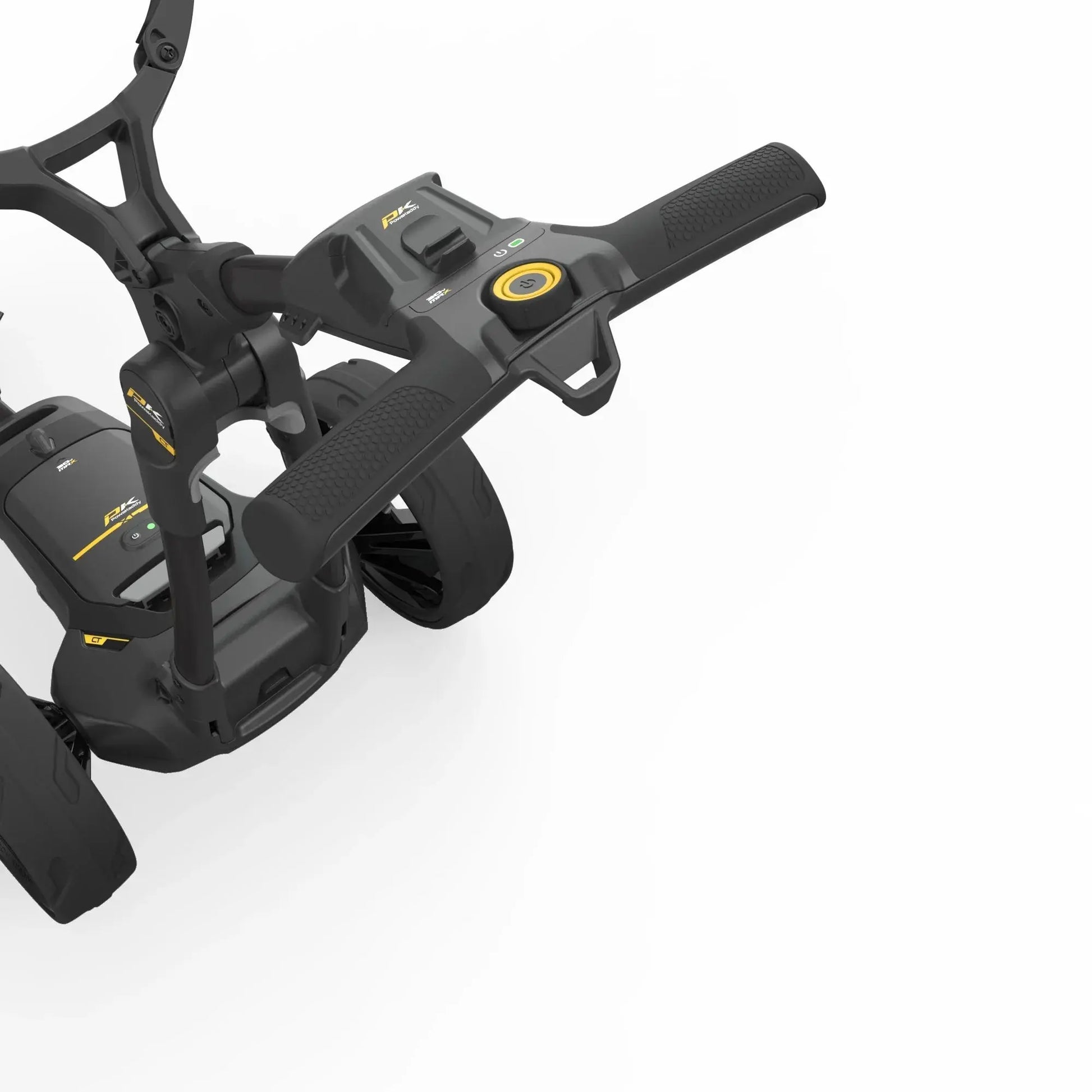 Detailaufnahme von elektrischem Golf Trolley Griff mit Bedienfeld, schwarz