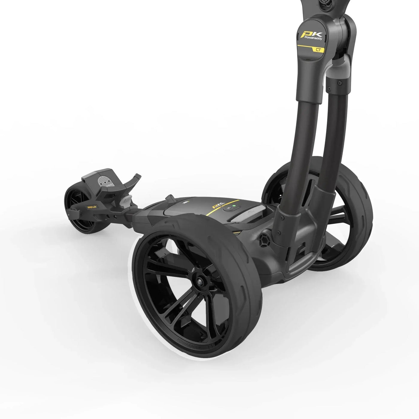 Elektrischer Golf Trolley mit schwarzen Rädern und robustem Gestell auf weißem Hintergrund