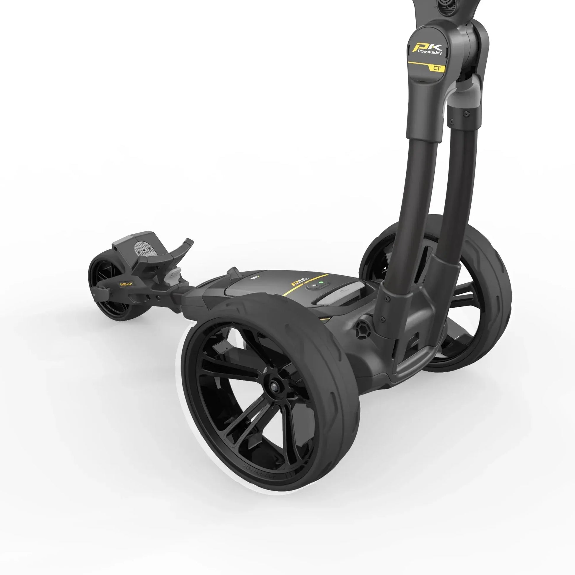 Elektrischer Golf Trolley mit schwarzen Rädern und robustem Gestell auf weißem Hintergrund