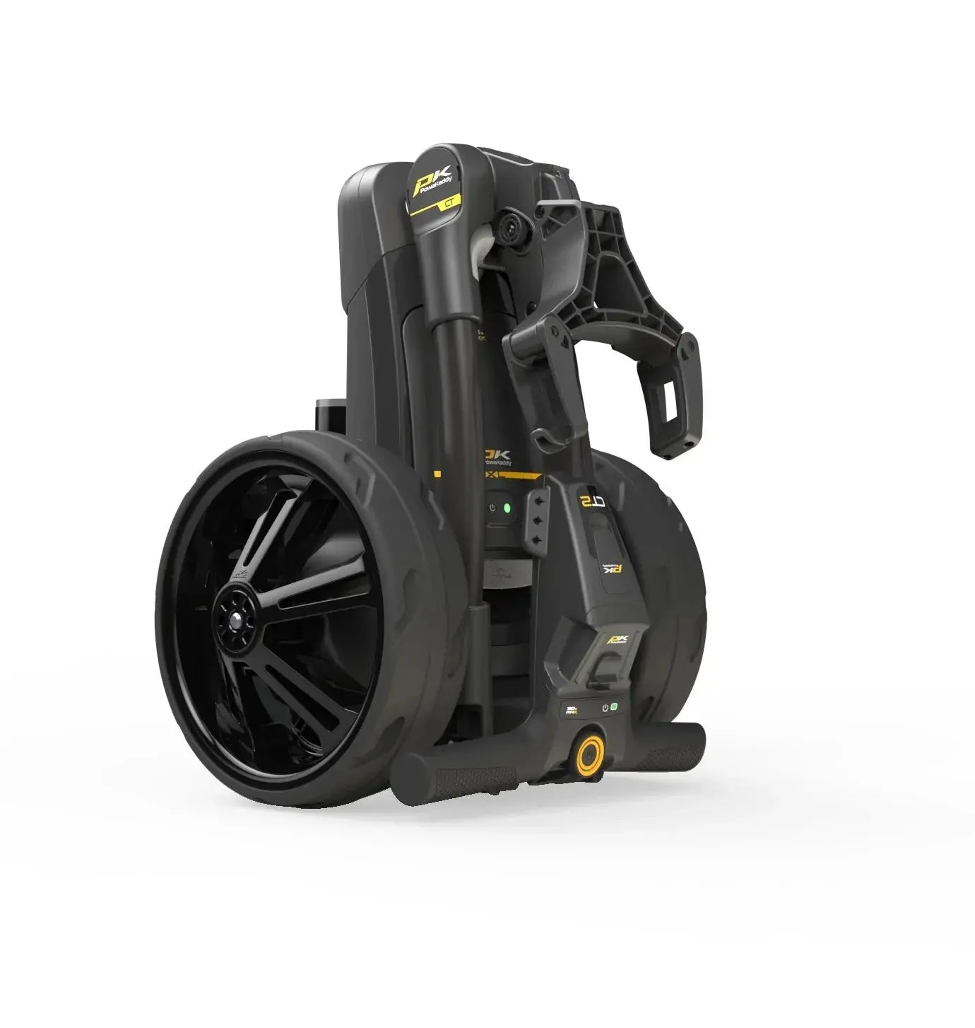 Zusammengefalteter schwarzer Golf E-Trolley mit großen Rädern auf weißem Hintergrund