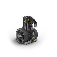 Zusammengefalteter Golf E-Trolley in Schwarz-Grau mit großen Rädern auf weißem Hintergrund.