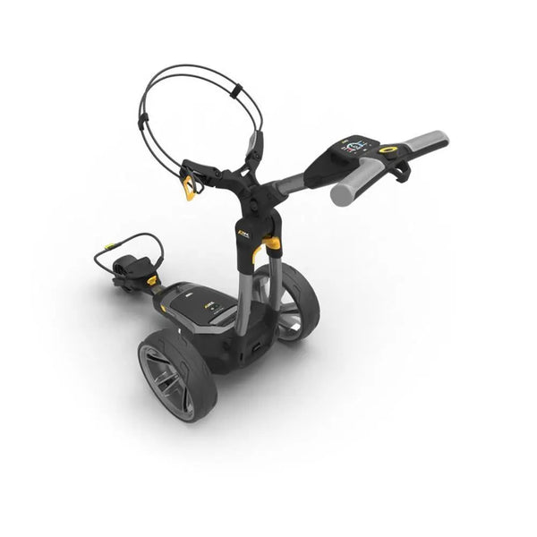 Elektrischer Golf Trolley mit großen Rädern und Bedienfeld, moderner Golfzubehör
