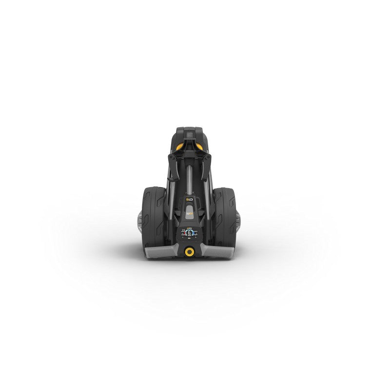 Moderner E-Trolley für Golf, schwarze Ausführung, zusammengeklappt, Vorderansicht