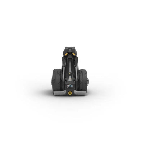 Moderner E-Trolley für Golf, schwarze Ausführung, zusammengeklappt, Vorderansicht