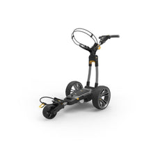 Moderner schwarzer E-Trolley für Golfbags mit großen Rädern auf weißem Hintergrund