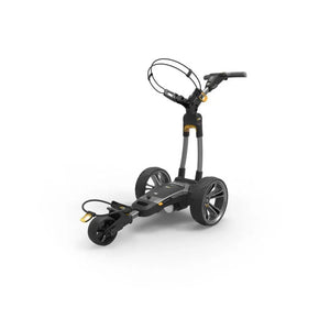 Moderner schwarzer E-Trolley für Golfbags mit großen Rädern auf weißem Hintergrund