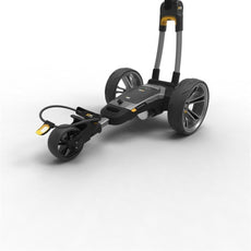 Moderner elektrischer Golf Trolley mit großen Rädern auf weißem Hintergrund