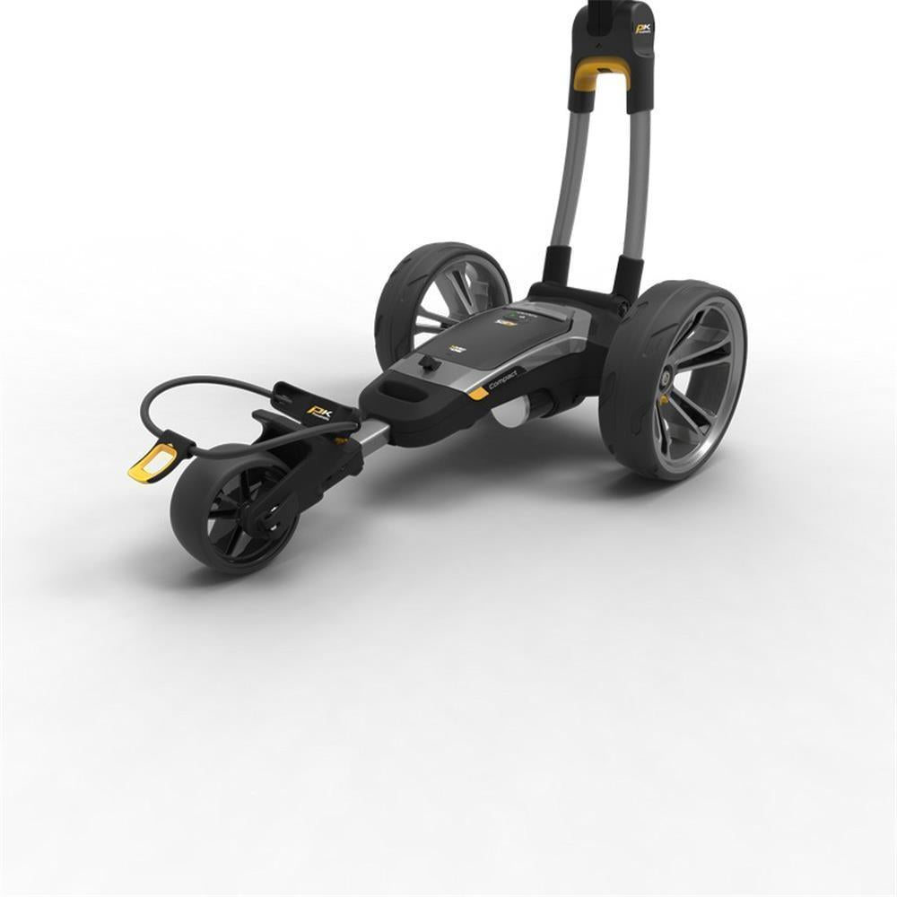 Moderner elektrischer Golf Trolley mit großen Rädern auf weißem Hintergrund