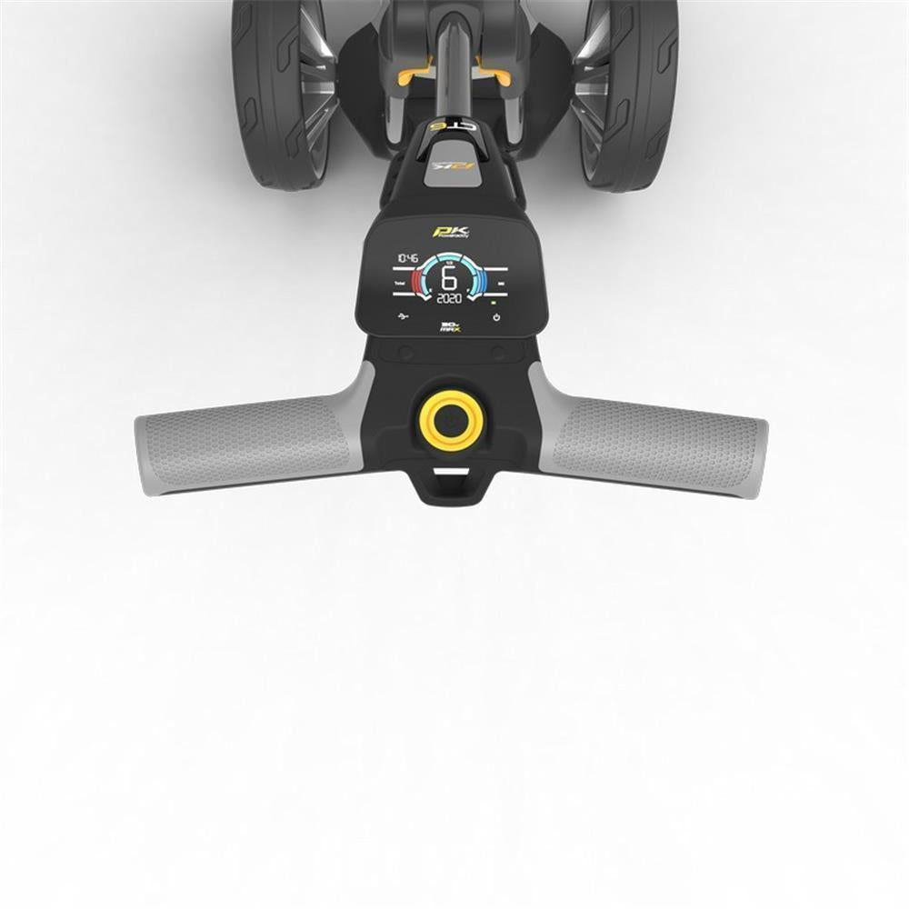 Golf Trolley Bedienfeld mit digitaler Anzeige und ergonomischem Griff, Nahaufnahme