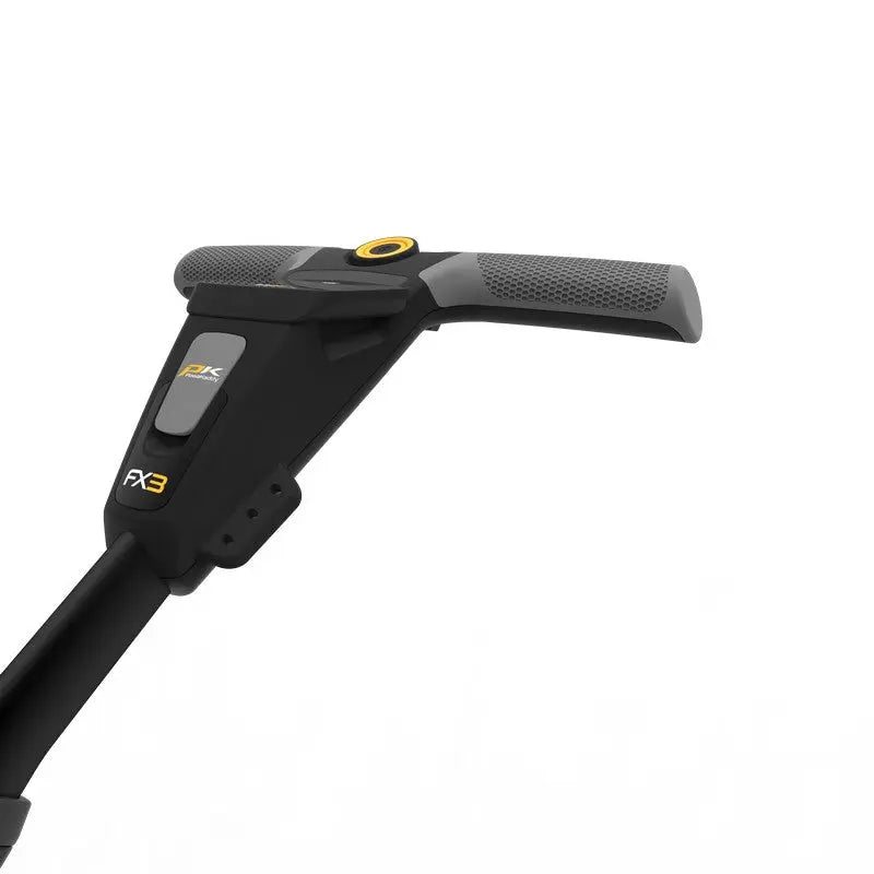 Detailansicht Griff eines schwarzen E-Trolleys für Golf mit FX3 Beschriftung