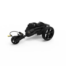 Zusammengeklappter elektrischer Golf Trolley in Schwarz auf weißem Hintergrund