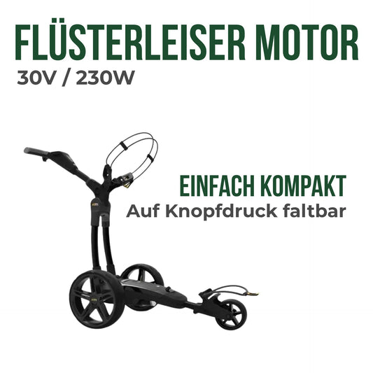 Schwarzer E-Trolley für Golf, modern mit drei Rädern auf weißem Hintergrund